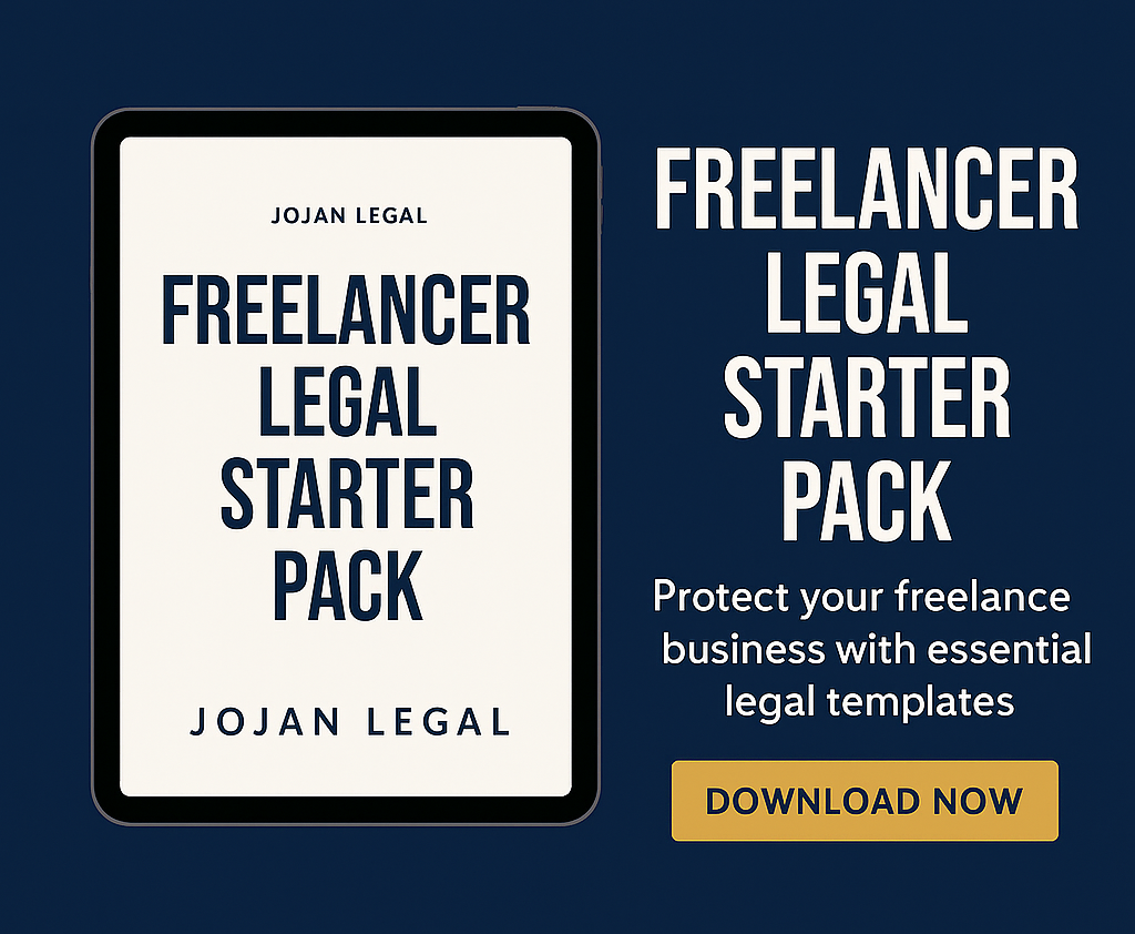 Promotional graphic for 'Freelancer Legal Starter Pack' by Jojan Legal on a dark blue background.